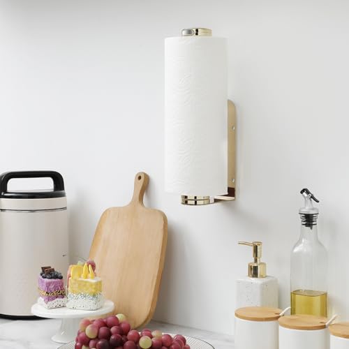 Image of theaoo Paper Towel Holder Under Cabinet, One-Handed Tear Wall Mount Paper Towel Holder Dispenser with Damping Function for Kitchen Organization, Stainless Steel, Self-Adhesive or Drill mounting, Gold