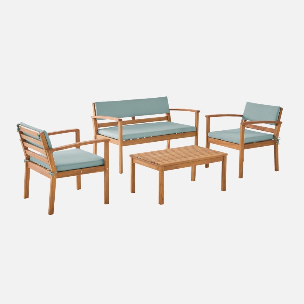 sweeek - Ensemble de meubles de jardin en bois d'acacia, 4 places, vert grisâtre, 115 x 62 x 70 cm