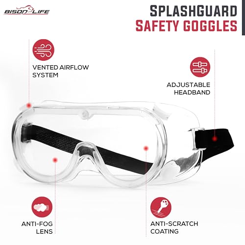 Image of BISON LIFE Vison Safe SplashGuard Clear Safety Goggles Eye Protection Chemical Splash Resistant Anti-Fog Anti-Scratch Adjustable Strap Glasses - Pack of 1
