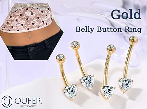 OUFER Gold Belly Button Rings, 14K Solid Gold Internally Threaded Belly Rings, Heart Shaped Belly Button Piercing, Clear CZ Belly Piercing Jewelry, Navel Rings2