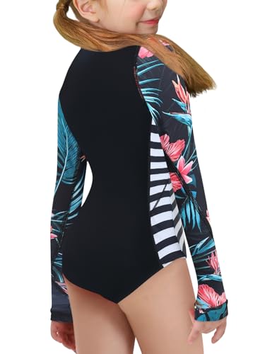 Image of Girls Long Sleeve One-Piece Swimsuit: Rashguard UV Protection Swimwear Bathing Suit