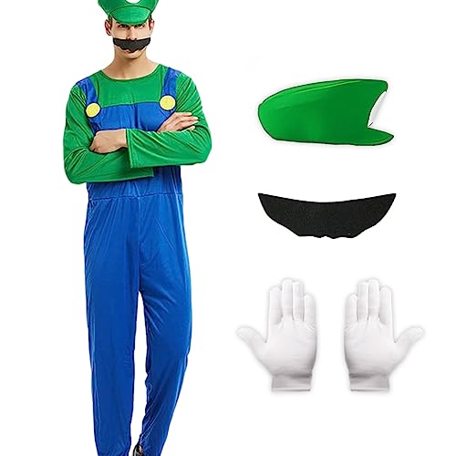 Metaparty - Disfraz de Mario para adultos y niños, disfraz Super Fontaneros adultos niña niño con mono, gorro, barba, carnaval Halloween cumpleaños (estilo 2, L)