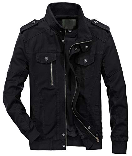 chouyatou Men's Casual Full-Zip Work Wear Military Cotton Lightweight Jacket Windbreaker (Large, 22Black)