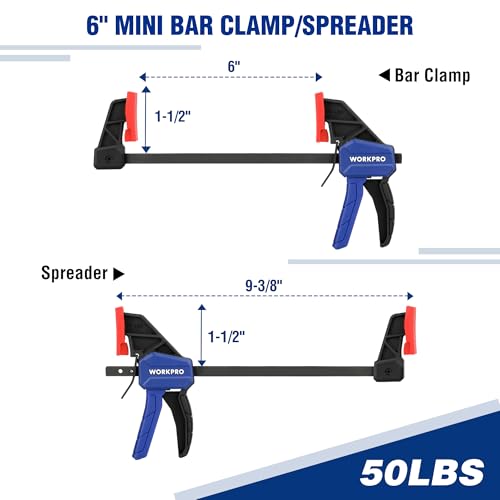 Image of WORKPRO 10-Pack Bar Clamps for Woodworking, 6-Inch (2) Mini & (2) Light Duty and 12-Inch (2) Wood Clamps & 4-1 /2-Inch (4) Spring Clamps, F Clamp with 50 /150 LBS Load Limit
