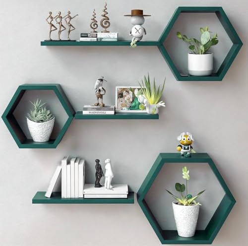 Image of Hexagon Wall Shelves Set of 6 | Wooden Floating Wall Shelf for Home Decor | Honeycomb Design Wall Rack for Living Room, Bedroom & Office (Green)