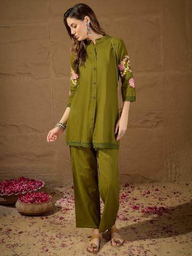 Image of Truvon Fashions Stylish Women's Co-Ord Kurta with Pant Sets - Cotton Floral Kurti Pant Set for Womens
