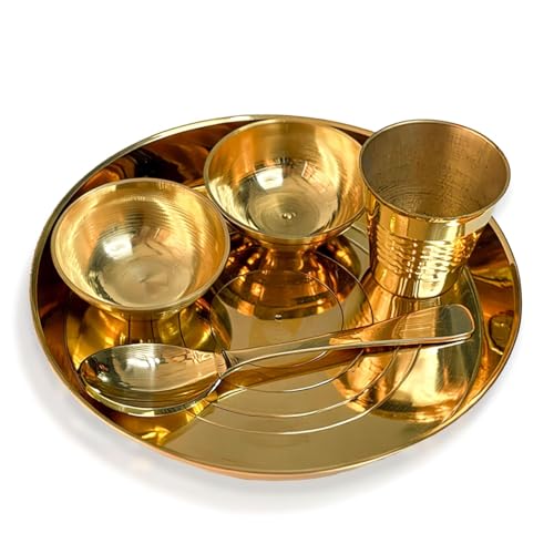 Image of Laddu Gopal Thali Set (5 Pcs, Brass) | Kanha Ji Bhog Thali with Bowl, Plate, Glass & Spoon | Bal Gopal Puja Thali Set for Home Temple /Mandir | Krishna Ji Seva Set (12 cm)