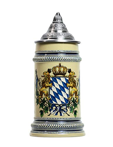 Amoy-Art Jarra de Cerveza Alemana con Estaño Tapa Hecho a Mano Regalo Souvenir Bandera Baviera con Leones Pintados Estándar de Seguridad Alimentaria Caja de Regalo 0.7 Litre