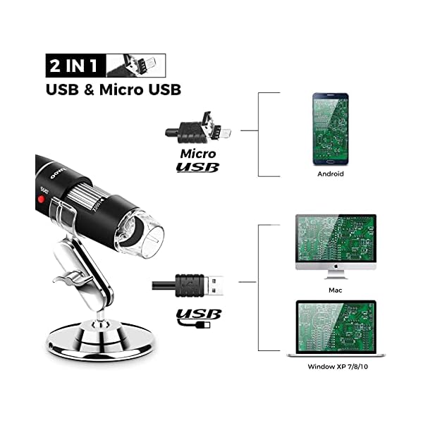 USB Mikroskop, 1.000x Zoom, 8 LEDs, USB 2.0, Digitale Mini-Mikroskop Kamera mit OTG Adapter und Metallständer… – Bild 4