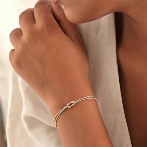 Irikdescia Lot de 2 bracelets en maille serpent avec nœud d'amour 14 carats - Réglable - Or et argent - Pour couple - Amitié - Relation - Bracelets assortis, L, Or 14 carats – vue 7
