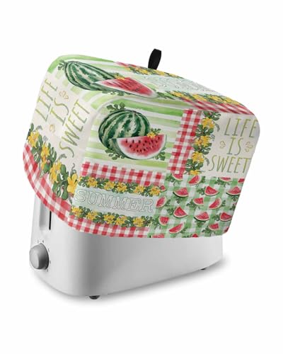 Red Watermelon Toaster Cover 2 Slice, Summer Green Leaves Floral Retro Country Dustproof Bread Machine Oven Cover with Storage Pockets, Fits Most Kitchen Toasters Protector
