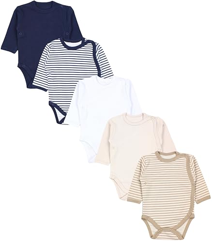 TupTam Body Bébé – Lot de 5 Bodies Bébé Garçon ou Fille à Manches Longues avec Fermeture à Pression, Rayures beige clair bleu foncé, 74