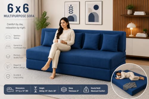 Image of Four Seater Sofa Cum Bed 6x6 Ft with Soft Foam Cushioning, Comfortable Foldable Sofa Bed for Living Room, Bedroom, Guest Room & Office(Blue)