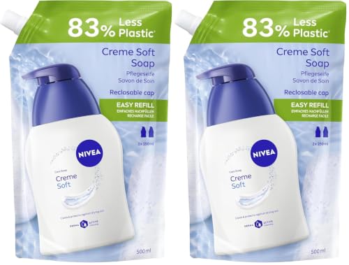 NIVEA Creme Soft Pflegeseife Nachfüllbeutel (500 ml), pflegende Handseife mit Mandel-Öl, mild duftende Flüssigseife zur sanften und hygienischen Reinigung (Packung mit 2)