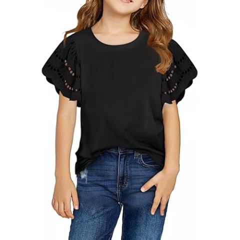 DOKOTOO KIDS Girls White Shirts Summer Crewneck Loose Fit Ruffled Short Sleeve Blouse Tops Black 10-11 Years Cover