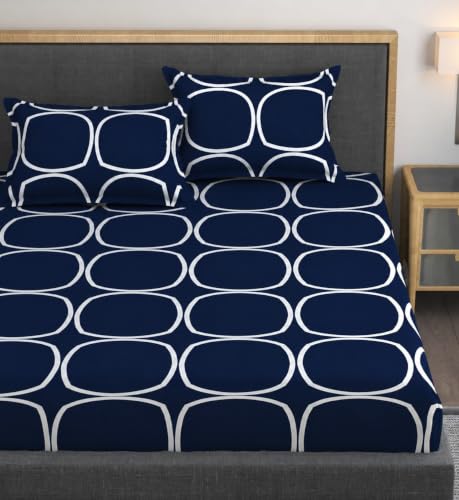Image of Vaini Premium Heavy Cotton Elastic Fitted Bedsheets with 2 King Size Pillow Covers || Double Bed with All Around Elastic 350 (Blue Round, 72x72 Inch King Fitted)