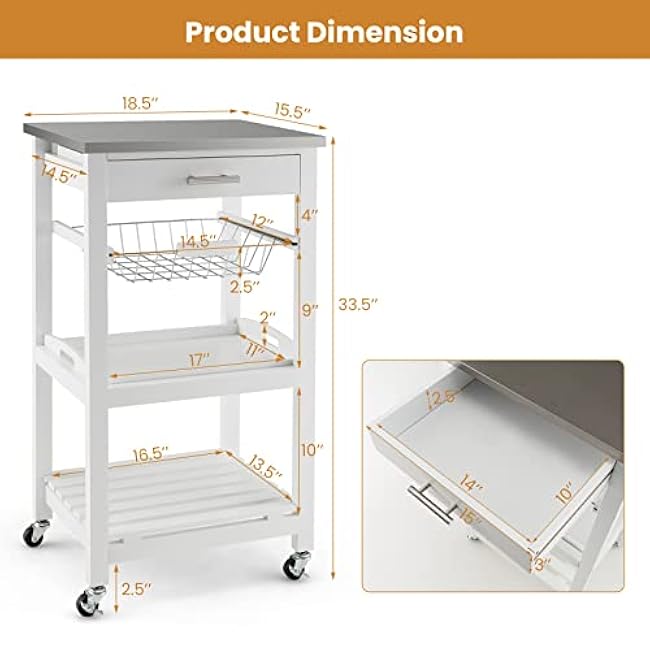 Kitchen Rolling Storage Cart on Wheels with Stainless Steel Table Top, Drawer, Metal Baskets & Wooden Tray-aokhlLjh