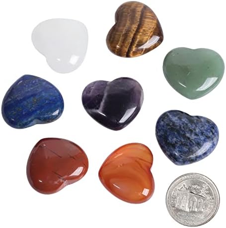 mookaitedecor 8PCS Love Heart Chakra Worry Stones for Anxiety Healing Crystal Gifts Set, Crystals Puff Palm Pocket Natural Semi Precious Stone for Reiki Yoga Meditation