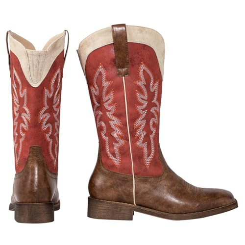 Image of SheSole Square Toe Cowgirl Boots for Women - Wide Calf, Lightweight, Pull-On, Embroidered with Hidden Elastic, Perfect for Country Concerts, Work, Travel, and a Night Out