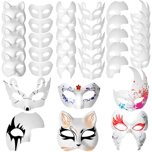 Xaztr 30Pcs White Paper Mache Masks, DIY Paintable Art Cosplay Masks Half Face Party Craft Blank Paper Mask (6 Styles)