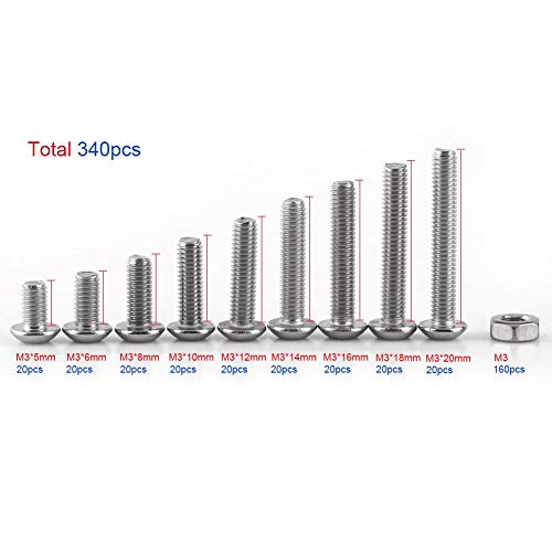 340 Pcs Hex Socket Screws, M3 Bolt and Nuts Set, Stainless Steel SS304 Button Head Hex Socket Screw Bolt Nut Assortment Kit - Image 4