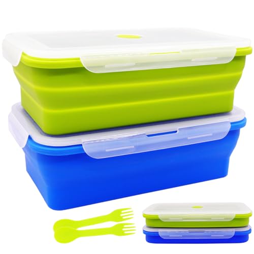 Contenedores plegables de almacenamiento de silicona con tapas, lonchera Bento plegable, paquete de 2 para cocina y camping, ideal para preparar comidas y ahorrar espacio