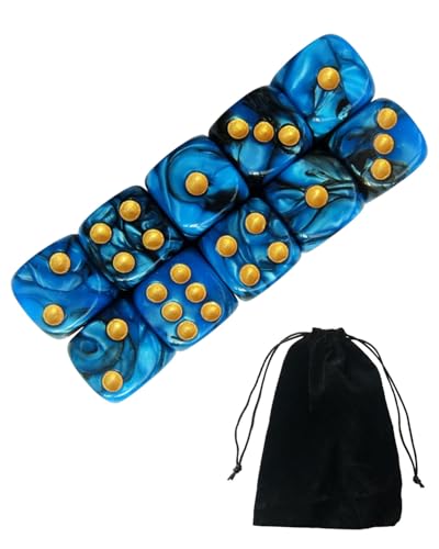 JUKOTA 10 PCS Dados,16mm D6 Dado Acrílicos,Dados Azul-Negro con Bolsa de Tela,para Juegos de Mesa,Rol,Mesa,Lecciones de Matemáticas