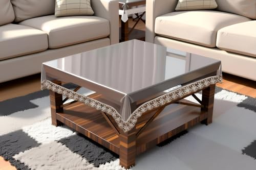 Image of The Furnishing Tree Square Shaped Center Transparent Table Cover Size 42x42 inches 0.25 mm Thickness with Golden Lace