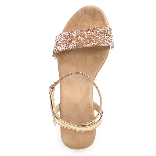 Taytoe Ankle Strap Espadrille Platform Wedge Sandals for Women, Open Toe Wedge Heels for Women Dressy, Black/Gold2