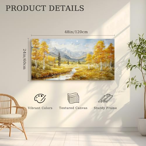 crmotu Autumn Landscape Wall Art, Birch Tree Forest Large Artwork, Mountain River Scenic Canvas Painting, Rustic Aesthetic Pictures Wall Decor Living Room Bedroom Bathroom Kitchen Art Prints 24x48inch