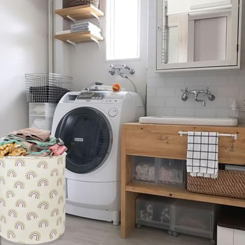 Image of Collapsible Kids Laundry Basket Clothes Hamper, Foldable Storage Organizer Bin, Toy Clothes Storage with Handles for Boys Girls Bedroom, Room Decor Rainbow
