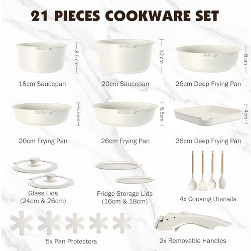 YASHE 21-Piece Pots and Pans Set,Nonstick Cookware Set, Detachable Handles & Glass Lids,Induction Compatible, Oven Safe, Stackable Cookware for Kitchen,White - Image 2