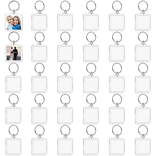 PandaHall 30 juegos de llaveros acrílicos a presión para fotos de 44 x 40 x 6 mm, cuadrados, en blanco, para manualidades, marcos de fotos transparentes