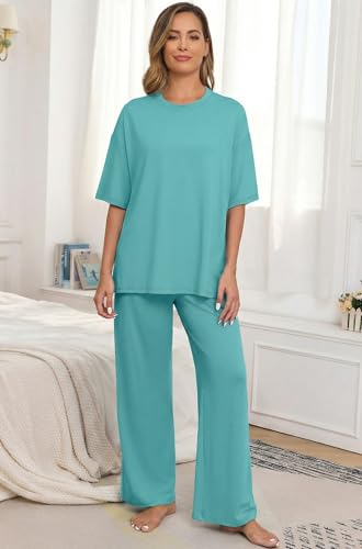 Image of PrinStory Womens Pajamas Sets 2 Piece Lounge Set Short Sleeve Tops and Long Pants Soft Pjs Loungewear with Pockets