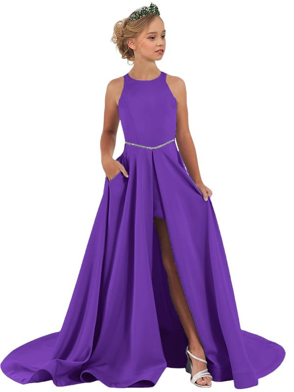 Girl's Satin Flower Girl Dresses with Pockets Kids Pageant Dress A-line Beaded Prom Party Gowns