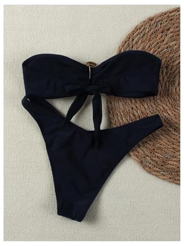 SHENHE Women's 2 Piece Strapless Swimsuits High Cut Metal Ring Tube Top Bandeau Bikini Set2