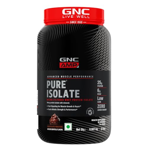 Image of GNC Amp Pure Isolate Zero Carb | 2 Lbs | 30 Servings | Boosts Athletic Performance Builds Lean Muscles | Speeds Up Recovery | Digezyme For Easy Digestion | 25G Protein | 6G Bcaa | Chocolate Frosting