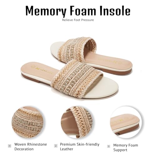 Women's Flat Sandals Braided Strap with Rhinestone Slides With Soft Memory Foam Insole, Beach Leather Slippers Footwear for Summer Vacation2