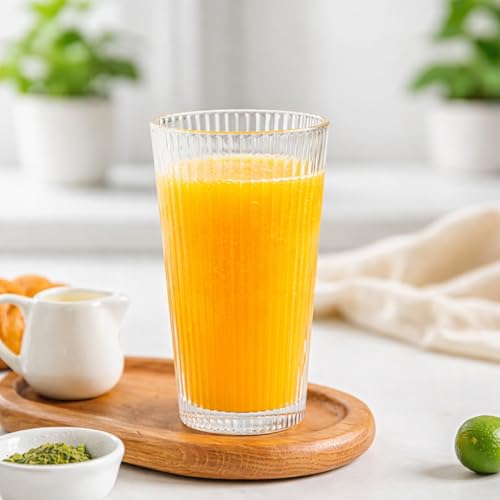 Image of PrimeWorld Ribbed Glass Tumbler Set of 6 - 350ml Striped Highball Glasses for Cocktails, Smoothies, Iced Coffee, Whiskey & Juice | Stylish and Durable Drinking Glasses for Home, Kitchen & Parties