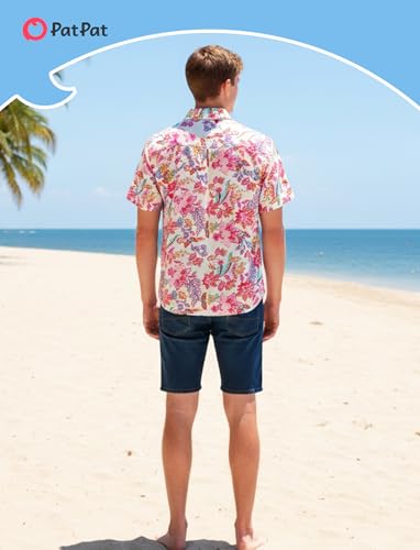 Image of PATPAT Family Hawaiian Matching Outfits - Mommy and Me Vacation Outfits | Halter Sundresses and Button Down Shirts,Caribbean Vacation Summer Tropical Outfits,Hawaiian Boho Tropical Floral Printed