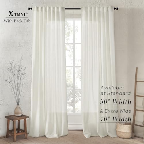 Image of XTMYI 105 Inch Curtains 2 Panels Set Custom Length Back Tab Linen Window Sheer Curtain Drapes for Living Room Bedroom,50x105 in Long,Cream(Ivory /Off White)
