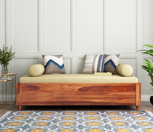 Image of ONIJA Solid Sheesham Wood Diwan Sofa Cum Bench Without Seating Cushion & Pillows | Modern Wooden Daybed for Living Room, Bedroom & Home Decor (Honey Finish)