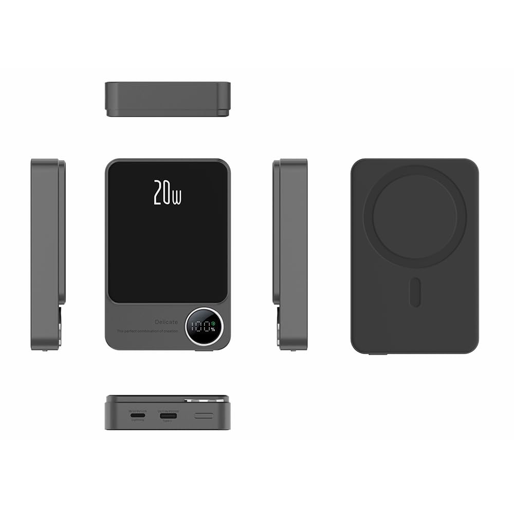 Aoresac Magnetische Powerbank mit 5000 MAh, PD20 W, Ultraschlanke Externe Akkus aus Aluminiumlegierung mit LED-Anzeige, Tragbar, Effizientes Laden für (10000 mAh [magnetisch + Schnellladung])