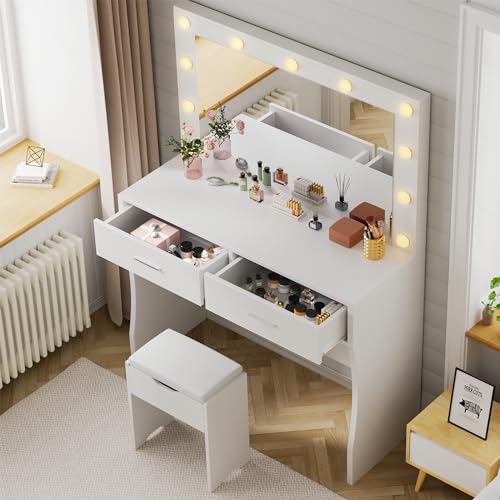 YESHOMY Vanity Desk with Mirror, Makeup Table with 11 Adjustable LED Lights and 2 Spacious Drawers, Soft-Padded Storage Stool, 3 Lighting Modes with Control, for Bedroom, White