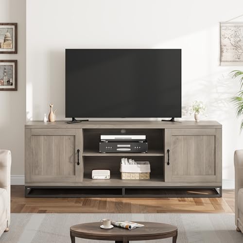 Garvee Farmhouse TV Stand for Living Room, Entertainment Center with 2-Tier Adjustable Shelves & Metal Leg, Wooden TV & Media Console Table for 75 Inch with Storage Compartments, Gray