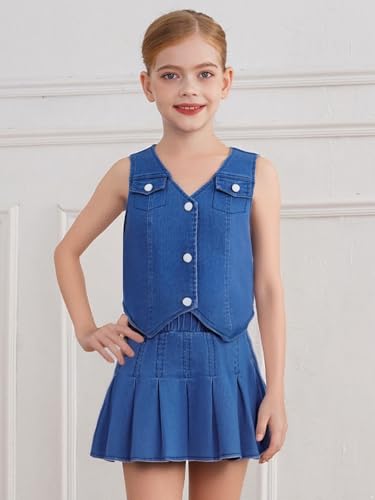 Kids Girls Cute Y2K 2 Piece Outfit Sleeveless Button Down Denim Vest with A Line Mini Pleated Jean Skirt Blue 14 Years4