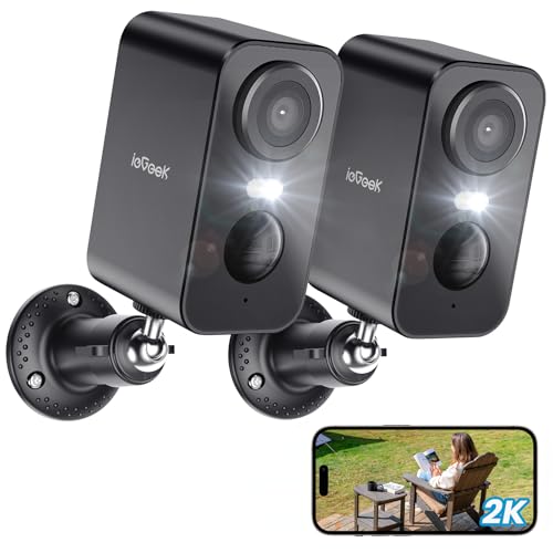 ieGeek 2K Telecamera Wi-Fi Esterno Senza Fili, Videocamera Sorveglianza Interno WiFi Batteria, Rilevamento Movimento PIR, Visione Notturna a Colori, Faro e Allarme, 2 Vie Audio, SD/Cloud, Nero 2 Pezzi