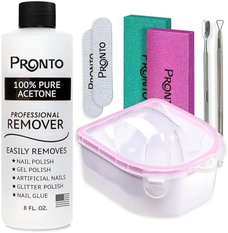 Pronto Gel Nail Polish Remover Kit โ 8 Oz Pure Acetone 100 Percent, Nail File & Nail Polish Soak Off Bowl for Nail Care + Manicure Set with Nail Buffer Block, Cuticle Pusher & Nail scraper