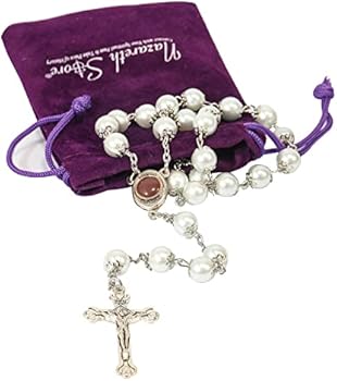 White Pearl Rosary Necklace With Holy Soil Medal - Handcrafted Catholic Prayer Beads With Jesus Cross