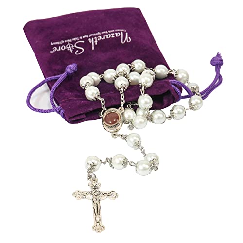Nazareth Store Wedding White Pearl Beads Rosary Handcrafted Prayer Necklace with Holy Soil Medal and Jesus Cross Crucifix